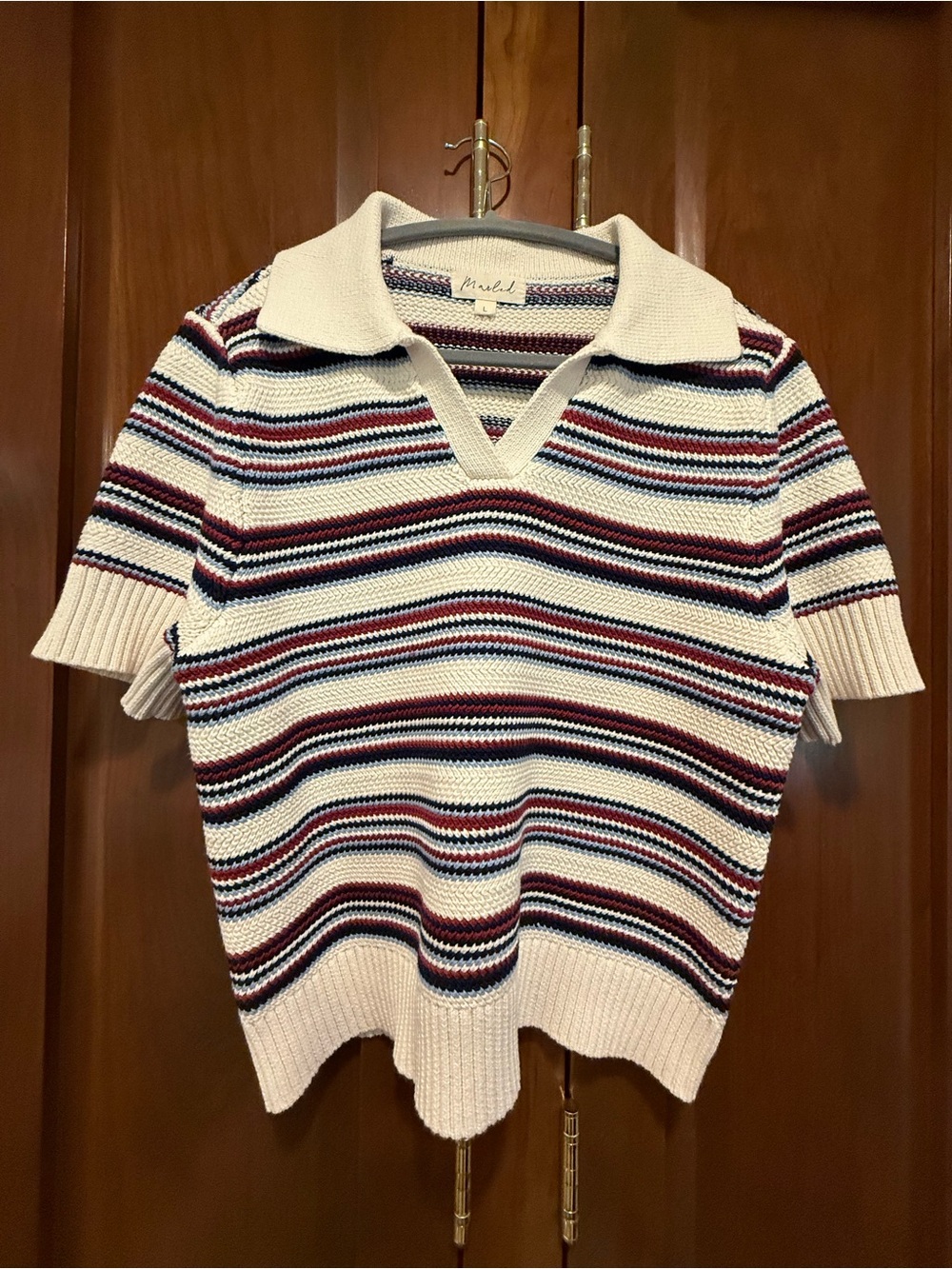 Marled Cream V-Neck Polo Sweater with Navy & Burgundy Stripes